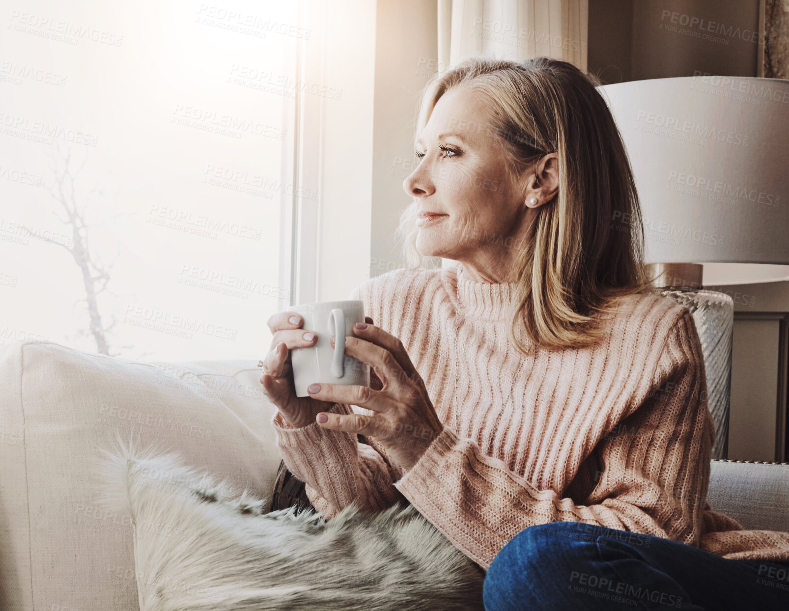 Buy stock photo Old woman, thinking and calm tea in home, relax and hot beverage to remember memory on weekend. Female person, espresso and planning for retirement in living room, wondering and coffee for comfort