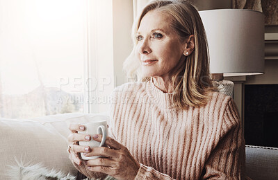 Buy stock photo Senior woman, thinking and coffee in home for peace, relax and hot beverage for memory on weekend. Female person, espresso and planning for retirement in living room, wondering and tea for comfort