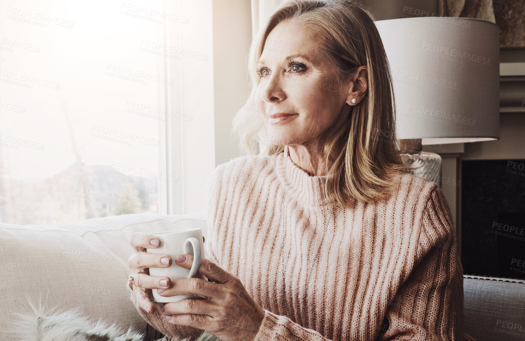 Buy stock photo Senior woman, thinking and coffee in home for peace, relax and hot beverage for memory on weekend. Female person, espresso and planning for retirement in living room, wondering and tea for comfort