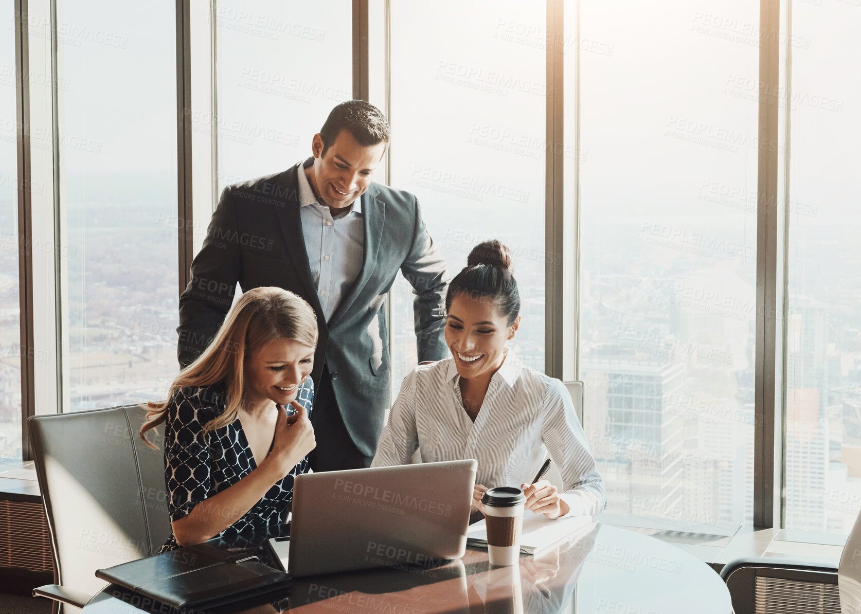 Buy stock photo Office, laptop and business people in meeting for teamwork, collaboration and partnership. Corporate, legal company and men and women on computer for online website, internet and client feedback