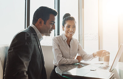 Buy stock photo Attorney, teamwork and meeting with laptop in office for legal case brainstorming and client defence discussion. Happy lawyer people, tech and collaboration at law firm with online contract policy