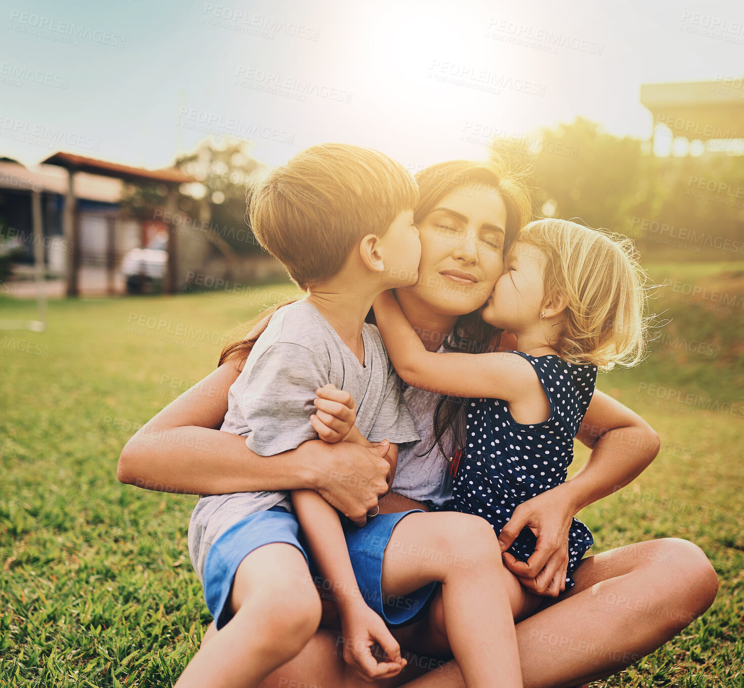 Buy stock photo Hug, happy and mother with children in nature playing in outdoor park on grass for summer holiday. Love, bonding and mom embracing kids for family time n garden on vacation, adventure or weekend trip