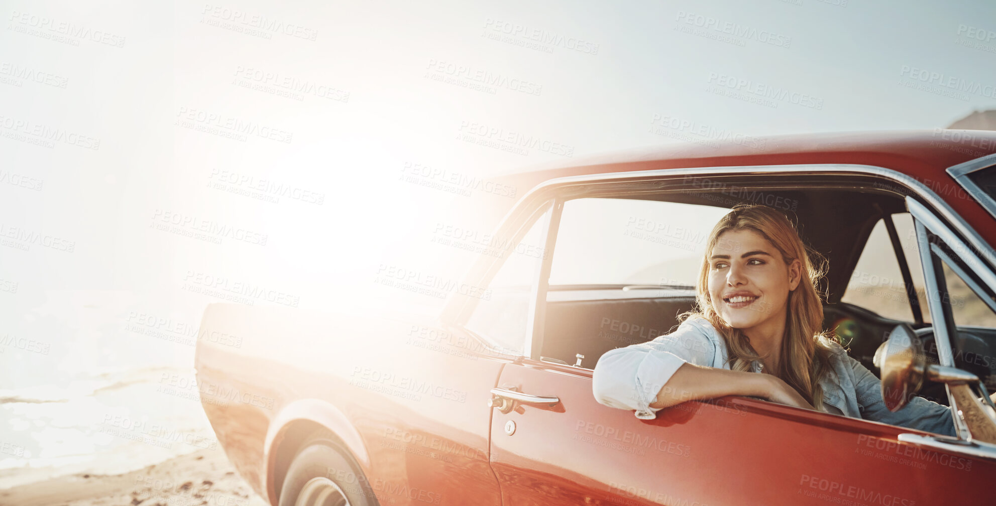 Buy stock photo Woman, car and road trip for summer travel adventure, coastal holiday and relax for weekend break. Girl, motor transport and happy for ocean vacation with wellness, outdoor journey and stop for rest