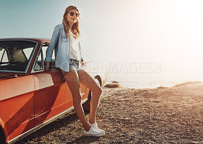 Buy stock photo Woman, car or holiday by beach for relax with sunglasses, travel or freedom in Puerto Rico for wellness. Female person, ocean or adventure with smile for island journey with auto, road trip in nature