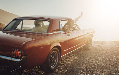 Buy stock photo Road trip, sunset and woman in car with freedom, man and adventure together at cliff. Happy, gen z girl and boyfriend at water for travel, scenic view or arms out window in summer at ocean in evening