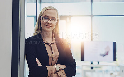 Buy stock photo Businesswoman, arms crossed and accountant portrait in agency, employee and proud for finance. Female person, professional and leader for company growth or office opportunity, confidence and worker