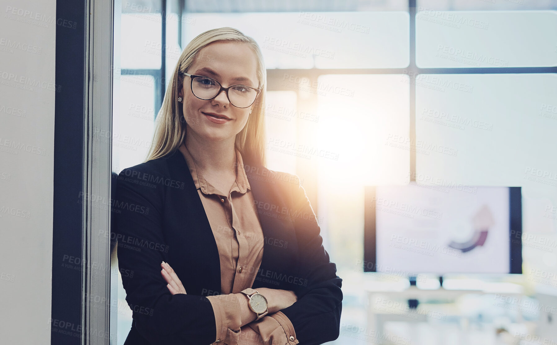 Buy stock photo Businesswoman, arms crossed and accountant portrait in agency, employee and proud for finance. Female person, professional and leader for company growth or office opportunity, confidence and worker