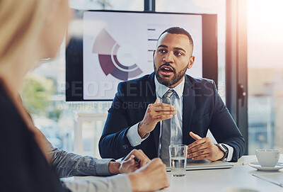 Buy stock photo Business people, teamwork and man in meeting, planning and brainstorming for company income results. Group, employees and coworkers with cooperation, review and graphs with feedback and productivity