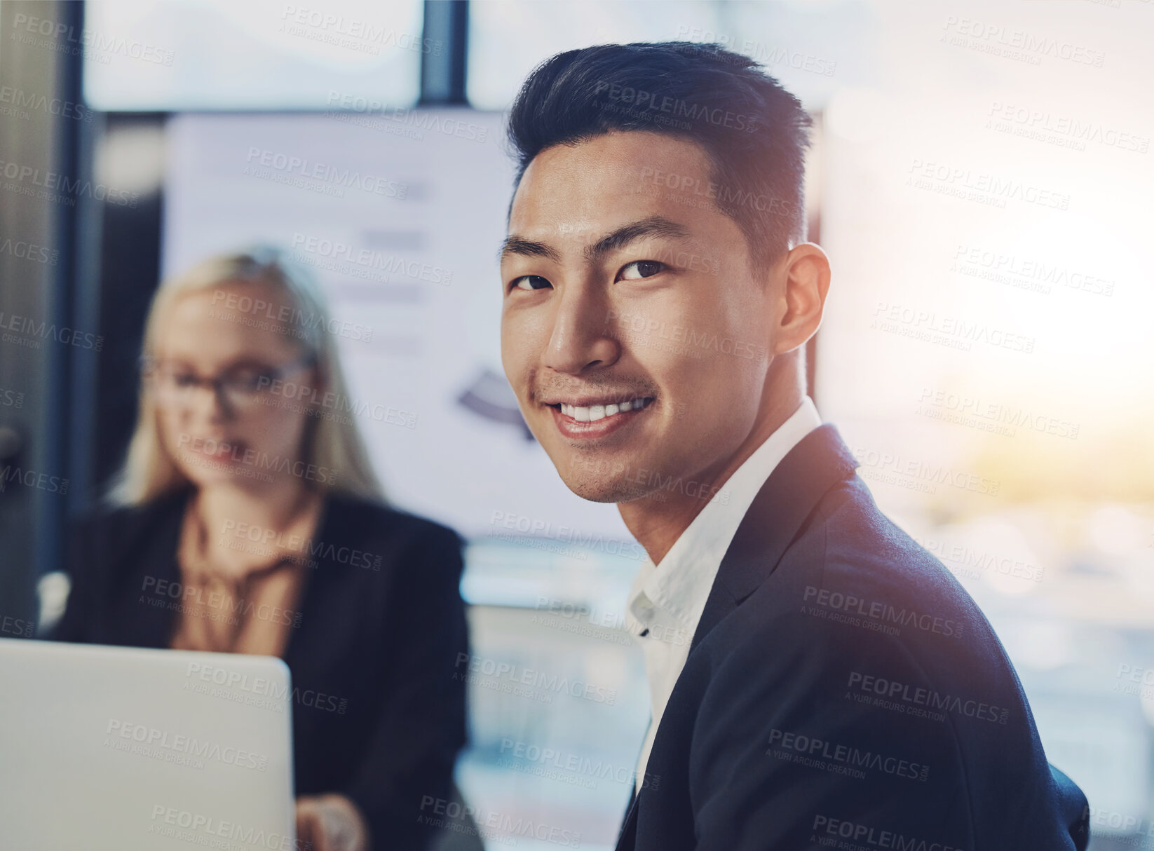 Buy stock photo Boardroom, portrait and business man in meeting, corporate training and workshop for project feedback. Office, coworker or male consultant with smile for networking, professional growth and confident