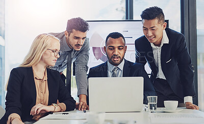 Buy stock photo Business, people and laptop in office with presentation for meeting on project proposal and ideas. Planning, employees and smile at boardroom for teamwork or collaboration with report and feedback