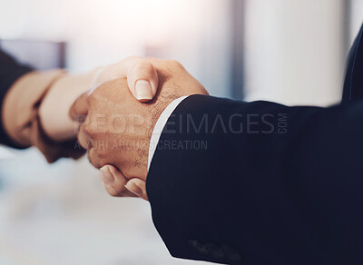 Buy stock photo Handshake, meeting and business people in office for corporate merger, agreement or onboarding. Partnership, finance offer and banker shaking hands with client for b2b company deal in collaboration.