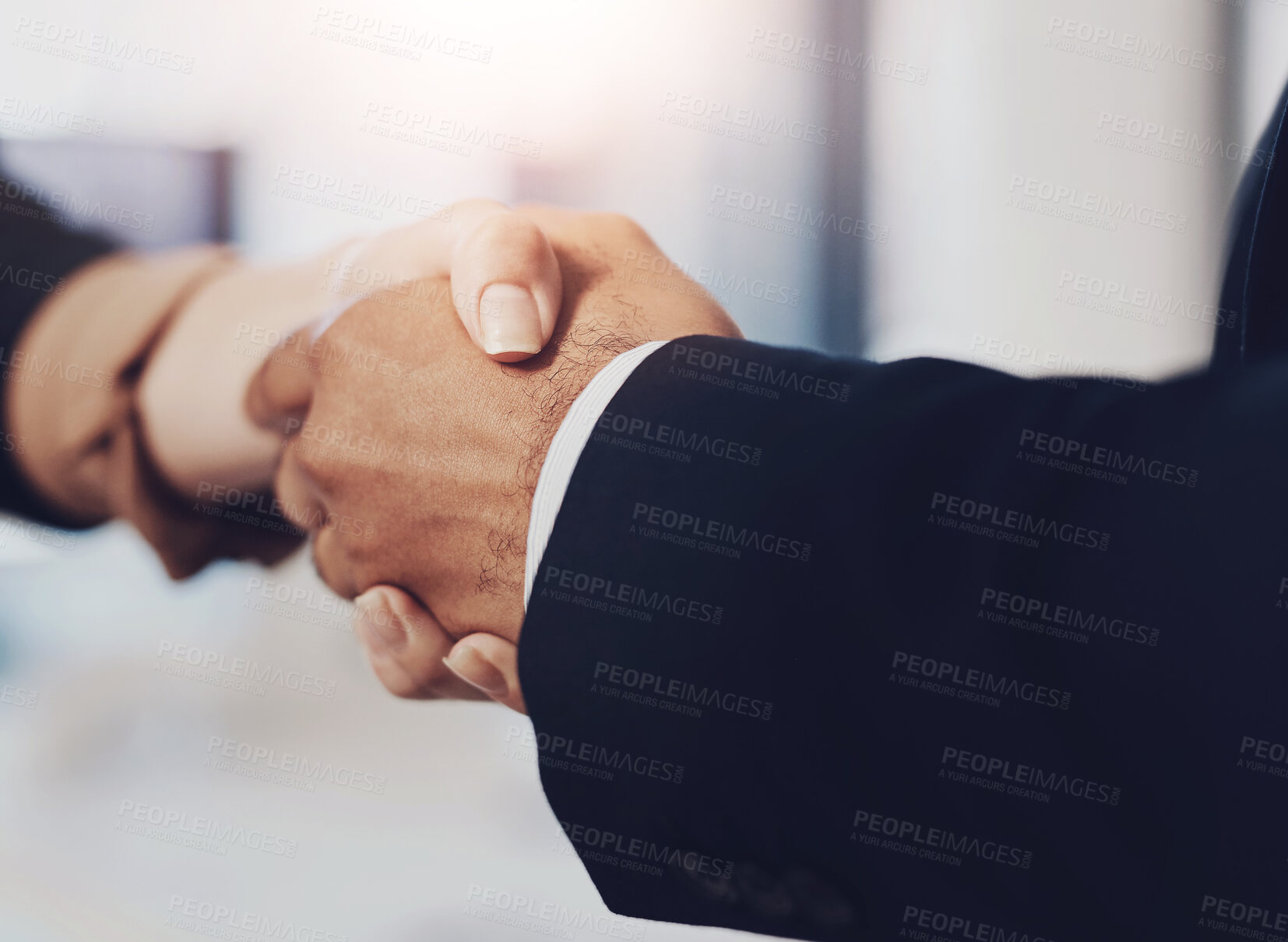 Buy stock photo Handshake, meeting and business people in office for corporate merger, agreement or onboarding. Partnership, finance offer and banker shaking hands with client for b2b company deal in collaboration.