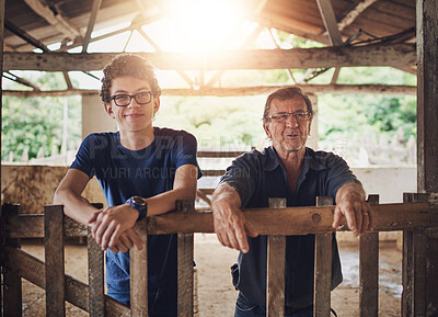 Buy stock photo Father, son and together in ranch for farming with livestock, sustainability or family business for future. Male people, shed and agriculture with eco friendly practice and happy in Australia