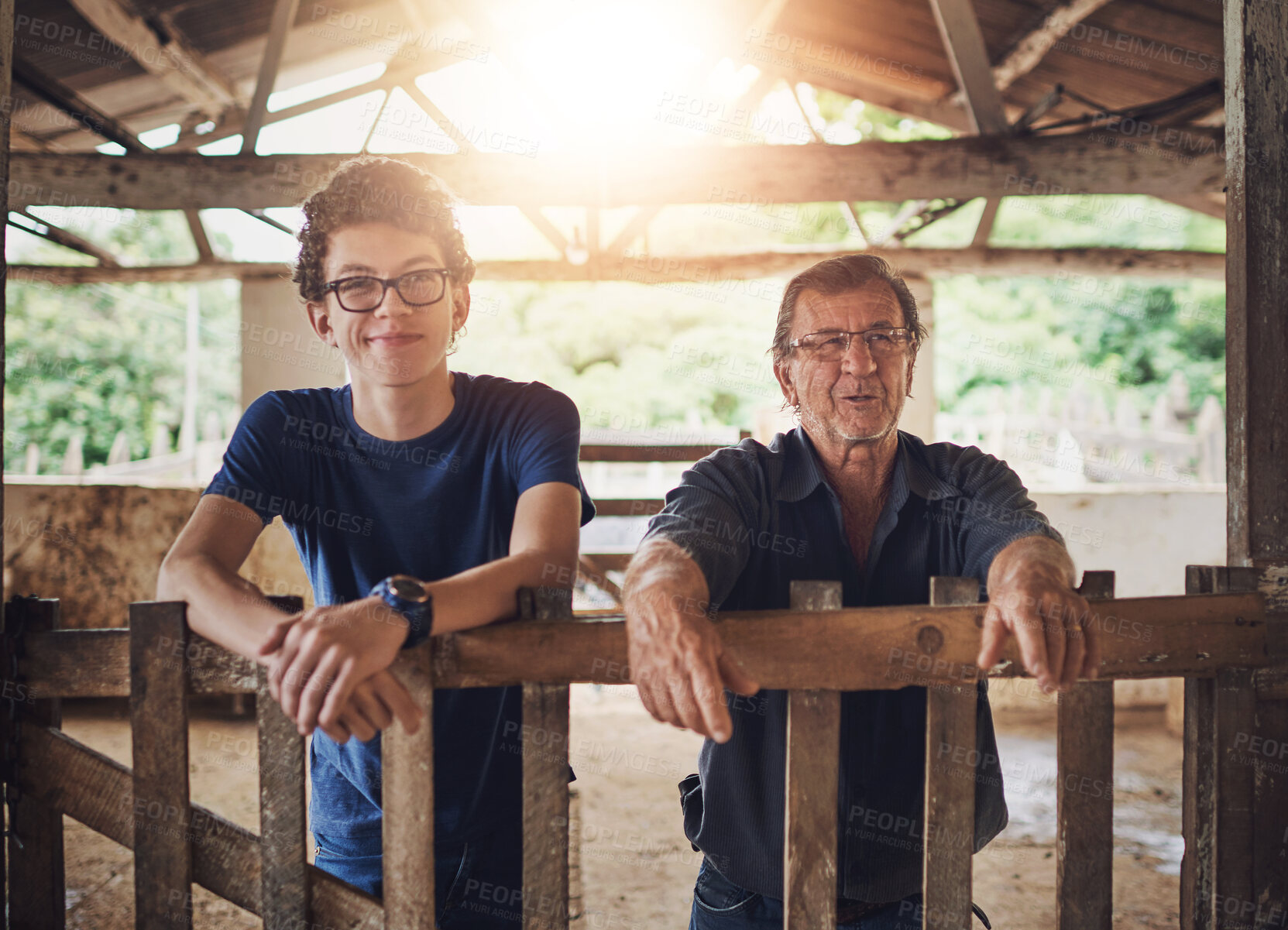 Buy stock photo Father, son and together in ranch for farming with livestock, sustainability or family business for future. Male people, shed and agriculture with eco friendly practice and happy in Australia