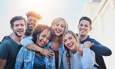 Buy stock photo Diversity group, happy and portrait of friends outdoor for community, excited and farewell for summer vacation. Students, men and women with hug for bonding, solidarity and friendship on campus