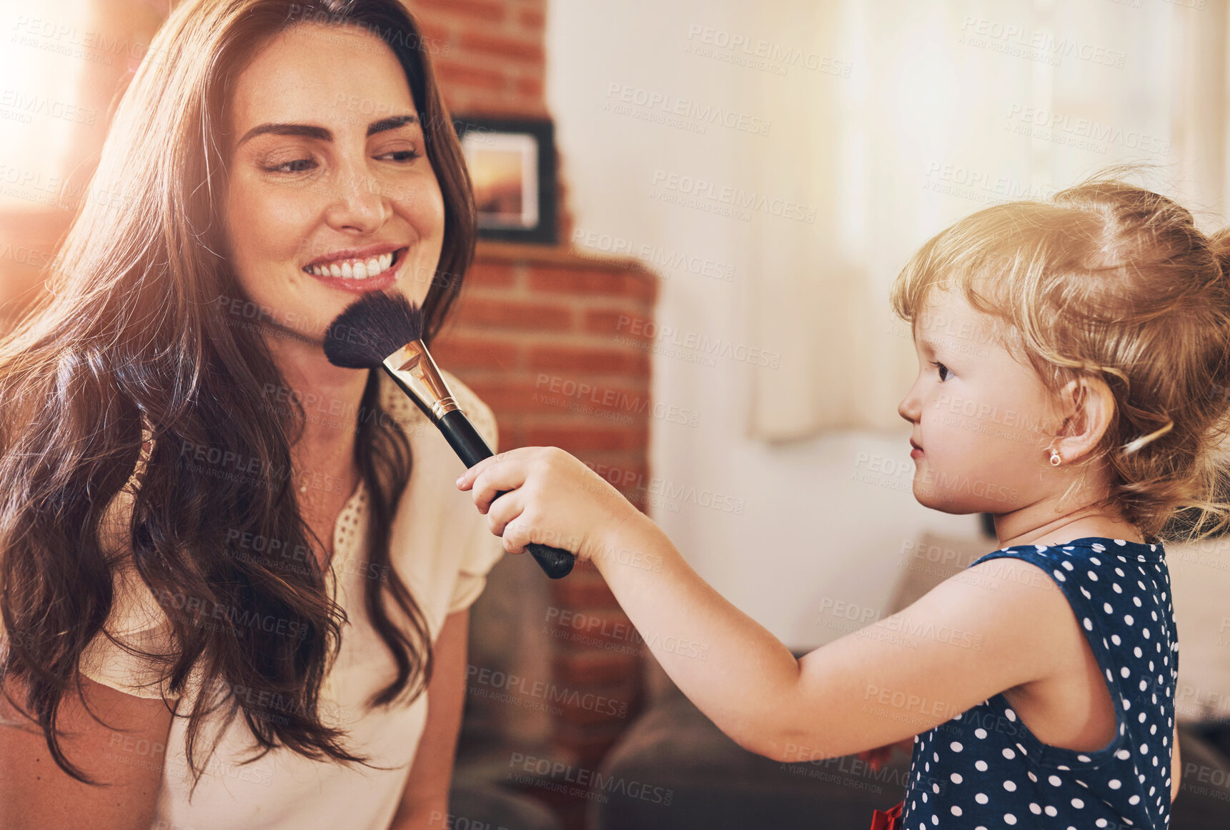 Buy stock photo Mom, brush and girl in home for makeup, fun and bonding together with love, care and foundation.  Mother, smile and child in house for learning, teaching and happy family with playful time on weekend