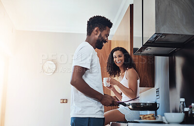 Buy stock photo Happy couple, home and kitchen for cooking, breakfast and bonding with together on weekend in morning. Woman, man and romance for Valentines Day, birthday and happiness with love, affection and care