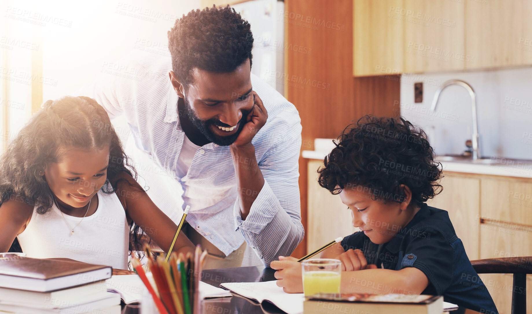 Buy stock photo Education, homework or writing with father and children in kitchen of home for school assignment together. Books, love or smile with man teaching daughter and son in apartment for child development