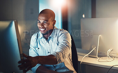 Buy stock photo Computer, smile and web design with developer black man in office at night for programming or research. Creative, desktop and development with happy programmer person in workplace for online job