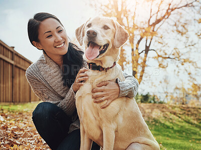 Buy stock photo Park, Asian woman and happy with dog in backyard for friendship, bonding and trust for care and support. Female person, animal and pet owner with playing for fun, relax and enjoy welfare and adoption