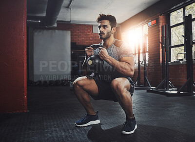 Buy stock photo Man, fitness and training with kettlebell in gym for muscle, wellness or healthy body. Energy, exercise and strong person weightlifting to squat for power, bodybuilding and workout at club for sport 