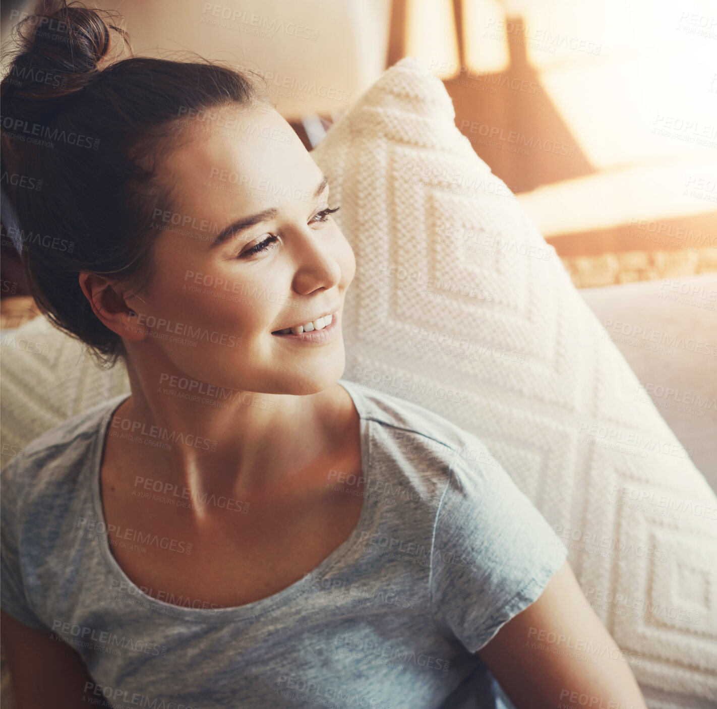 Buy stock photo Home, woman and smile with thinking on sofa in living room on day off or break to relax and chill. Female person, house and happy for nostalgic memories or thoughts on couch in lounge for mindfulness