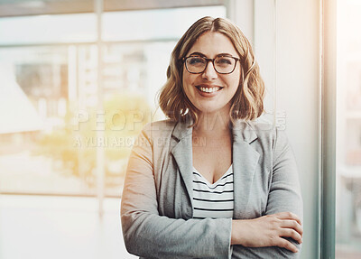 Buy stock photo Woman, arms crossed and portrait with smile from legal, business and consultant with law firm. Confidence, female attorney and professional in New York, office and happy for corporate job by window