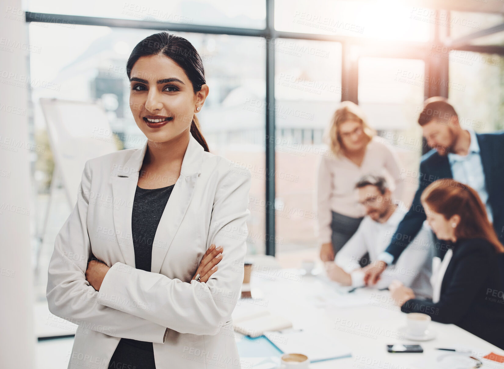 Buy stock photo Crossed arms, meeting and portrait of business woman in office with confidence for career growth. Smile, pride and female finance banker with team for company investment with discussion in boardroom.