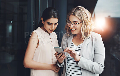 Buy stock photo Office, business and women with phone in discussion for project, help and trading report of client. Balcony, teamwork and women with tech in conversation for investment, plan or stock market research