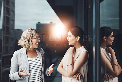 Buy stock photo Office, balcony and business women with discussion, planning and teamwork with conversation. Workplace, project manager and personal assistant for collaboration, communication and ideas by flare