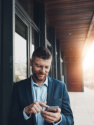 Buy stock photo Phone, research and businessman by building for reading email on corporate company merger. Cellphone, scroll and male financial advisor with information for asset investment profit  on office rooftop