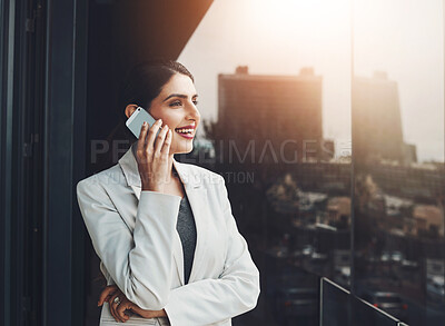 Buy stock photo Woman, outside and talking or phone call for business, communication and discussion with virtual client. Negotiation, corporate employee and speaking for feedback, conversation and city balcony