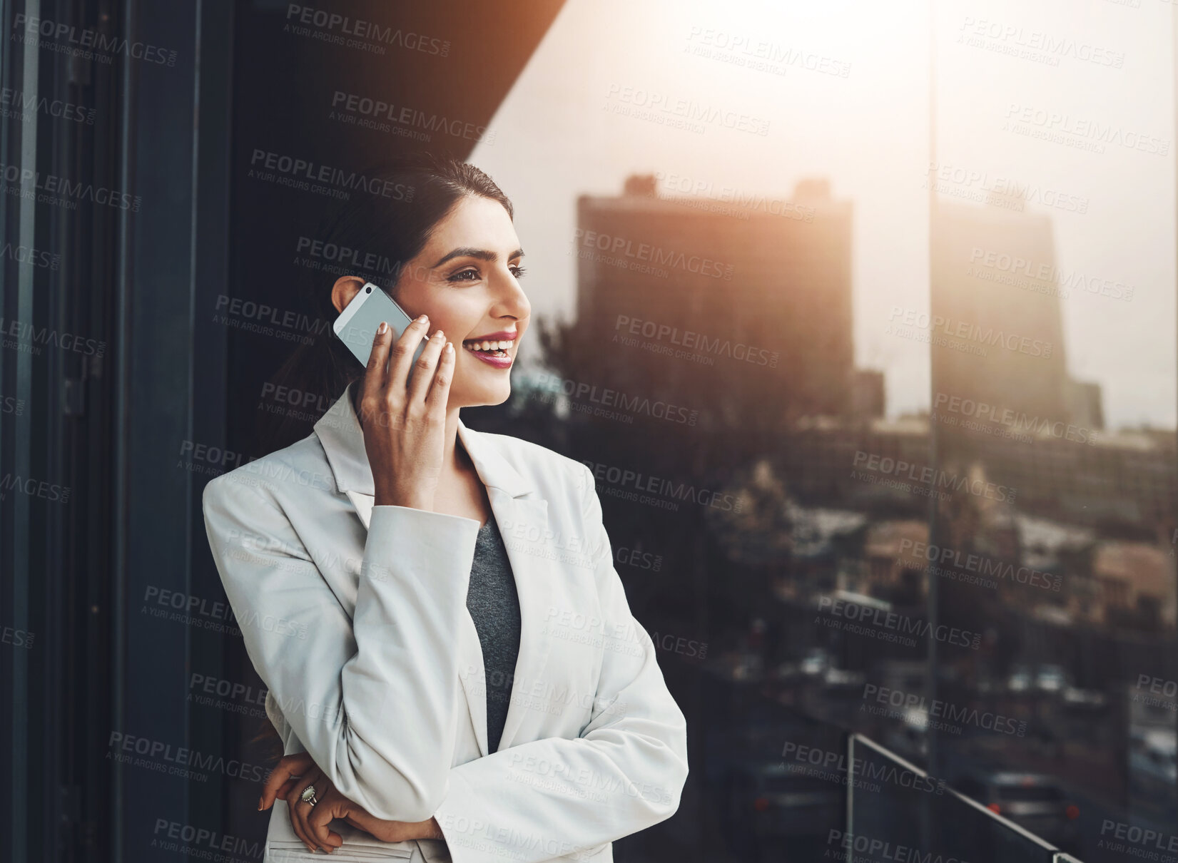 Buy stock photo Woman, outside and talking or phone call for business, communication and discussion with virtual client. Negotiation, corporate employee and speaking for feedback, conversation and city balcony