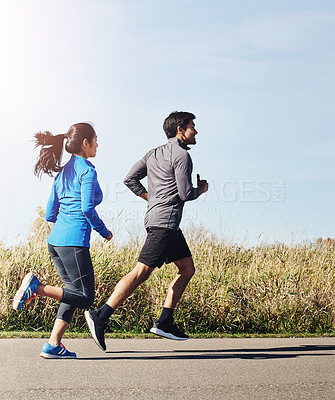 Buy stock photo Couple, running and fitness with exercise, training and cardio with break, wellness and bonding together. Healthy people, outdoor and man with woman, runner or speed with energy, challenge or support