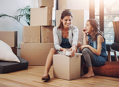 Buy stock photo Mother, child and packing boxes to new home for moving, mortgage investment and property relocation with bonding. Woman, daughter and happy with tape for cardboard package or real estate in apartment