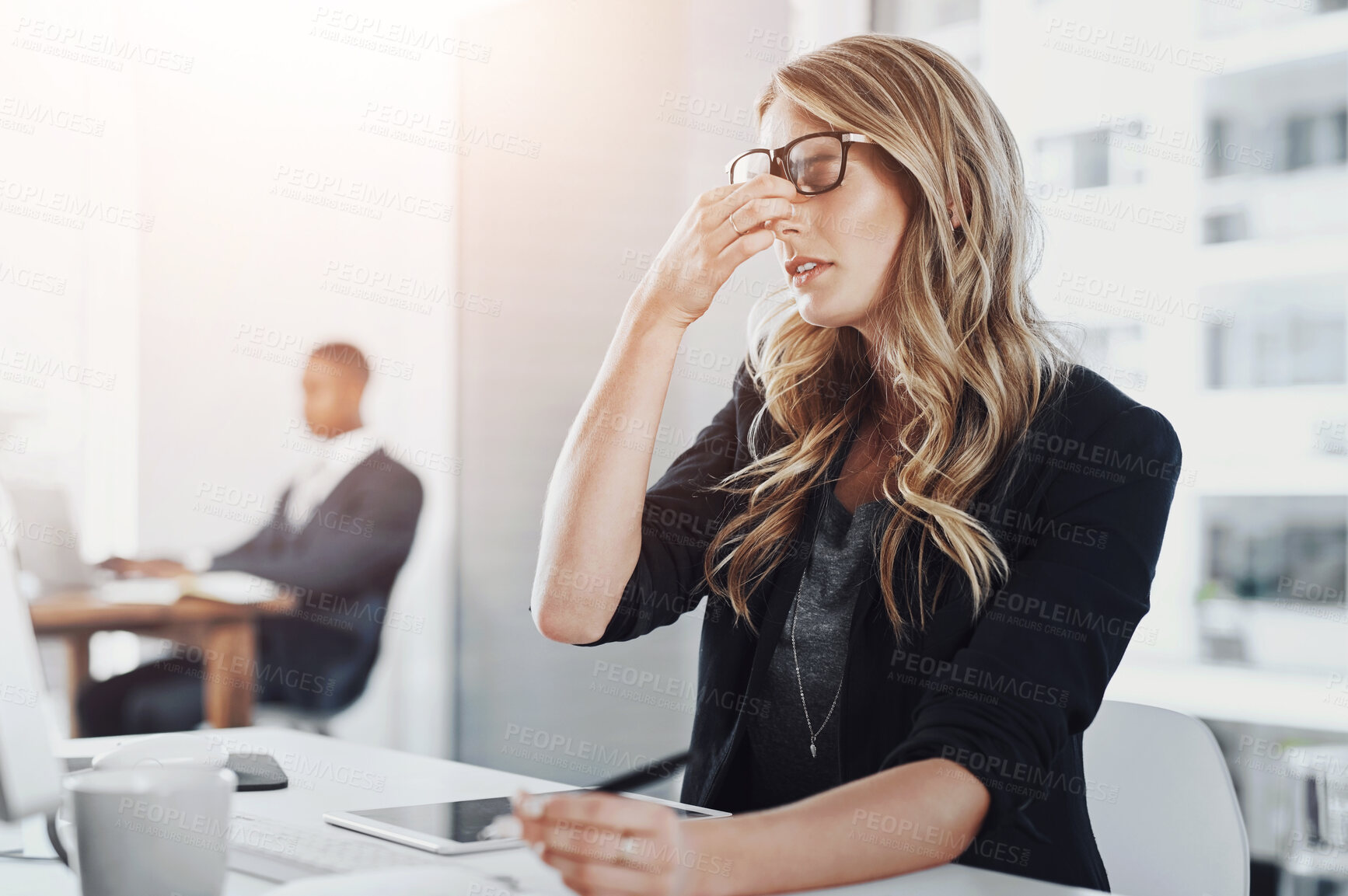 Buy stock photo Business, woman and tired with eye strain in office from migraine, overworked and stress for work deadline. Professional, employee and headache from glasses at desk with anxiety, burnout and fatigue