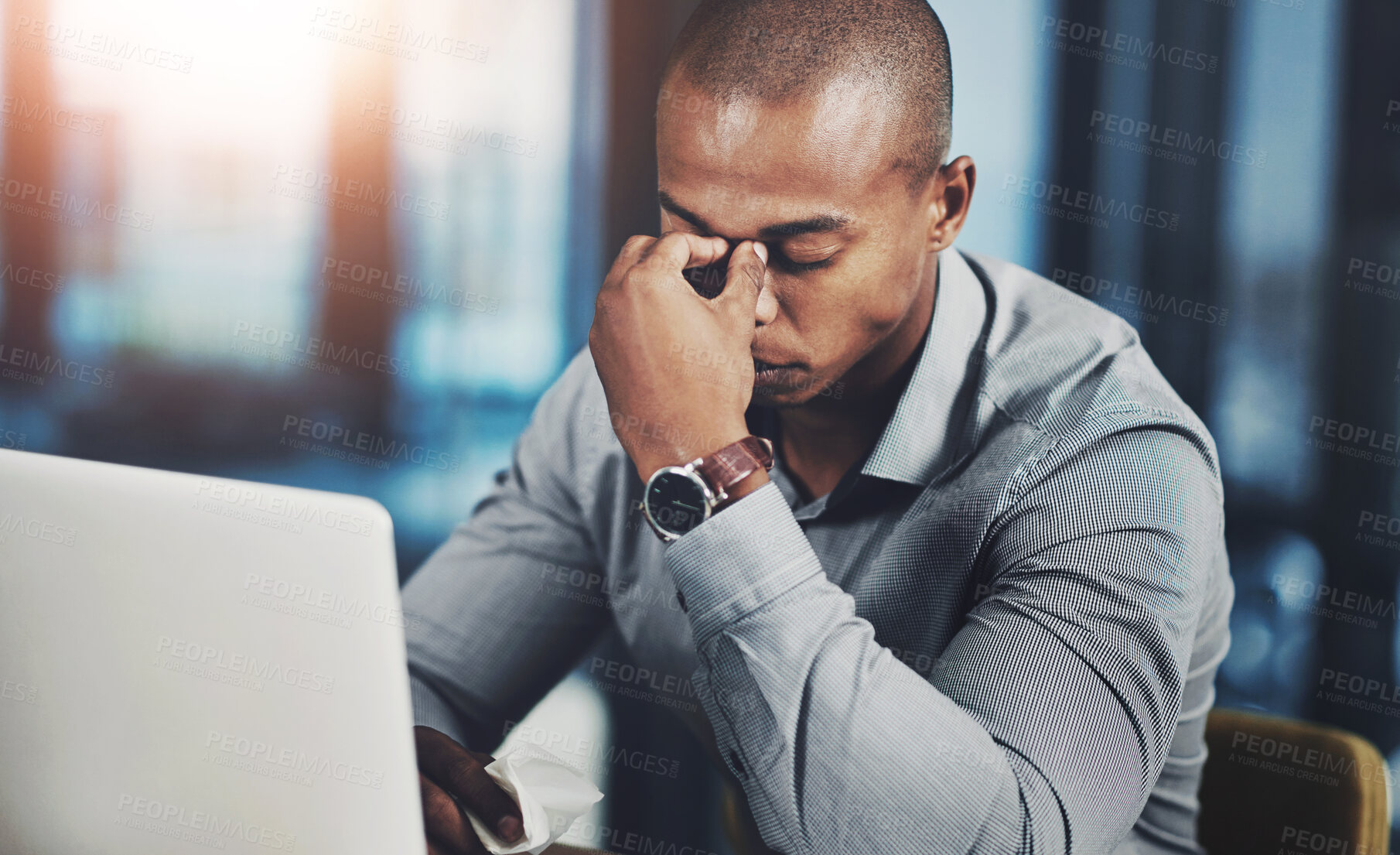 Buy stock photo Business, computer and black man with headache, stress and overworked with illness in modern office. African person, employee and consultant with migraine, frustrated and workflow crisis with burnout