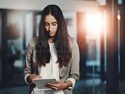 Buy stock photo Business, girl and online with tablet in night for project management, deadline and overtime for planning research. Woman, technology and internet for working late, commitment and dedication for job.