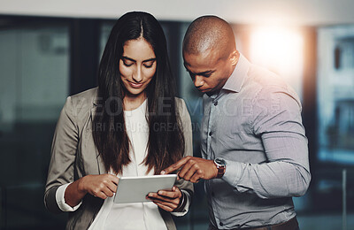 Buy stock photo Business, people and working in office with tablet, teamwork and collaboration on meeting report in online workplace. Professional, schedule planning and email review, internet and social networking