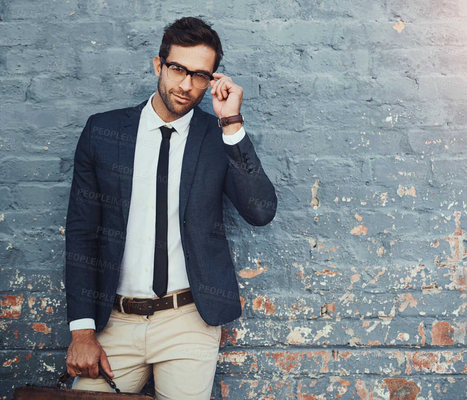 Buy stock photo Portrait, businessman and smile with confidence, pride and happy as accountant finance agency. Male person, financial consultant and professional in commercial industry with briefcase on city wall
