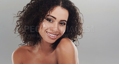 Buy stock photo Portrait, skincare and woman with beauty, shine and dermatology on grey studio background. Face, happy person and model with glow, texture and aesthetic with smile, makeup and wellness with cosmetics