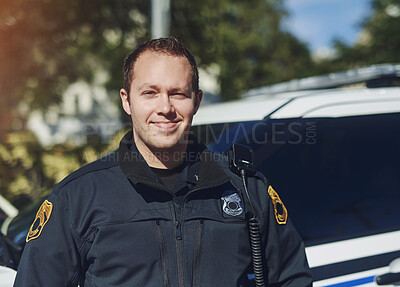 Buy stock photo Man, portrait and police officer on duty, outdoor and uniform for responsibility in urban city. Male person, law enforcement and cop for public service of security, fearless and authority in traffic