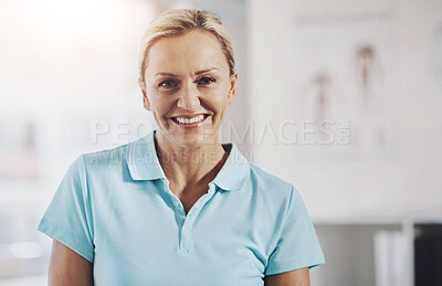 Buy stock photo Portrait, physical therapist and woman in clinic, smile and career ambition with chiropractor. Face, person and employee in office, physiotherapy or service for rehabilitation, recovery or specialist