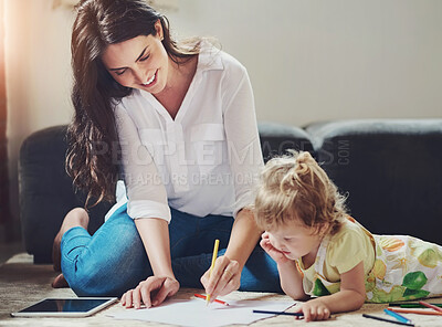 Buy stock photo Mother, toddler and crayons for drawing in home, learning and studying color for artistic activity. Mama, daughter and creative education on floor of living room, bonding and teaching kid a lesson