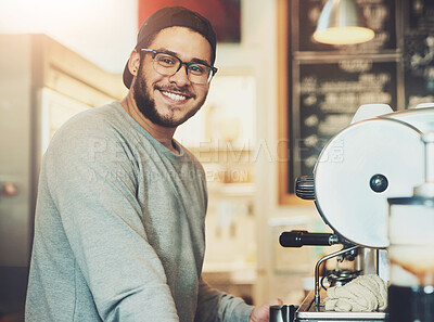 Buy stock photo Portrait, barista and man in coffee shop, machine and happiness for startup, business owner and skill. Face, person and entrepreneur with confidence, smile and worker in cafe, professional or service