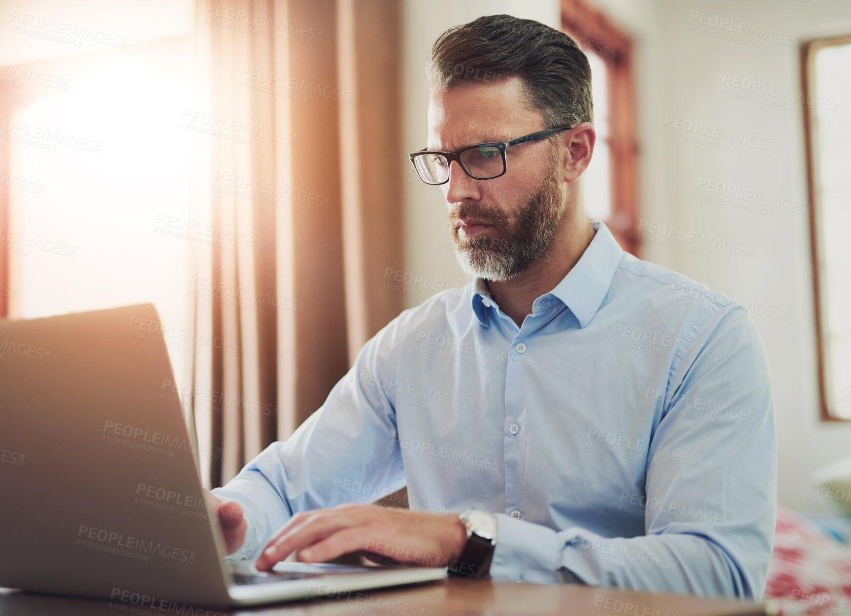 Buy stock photo Laptop, confused and businessman in home reading online for stock market crash with investment loss. Stress, computer and financial trader with decline of foreign exchange price on internet in house.