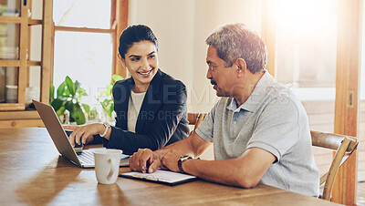 Buy stock photo Investment, banker and senior man with financial consultant woman with smile and retirement planning. Home, pension and internet banking advisor with savings and finance conversation with web info