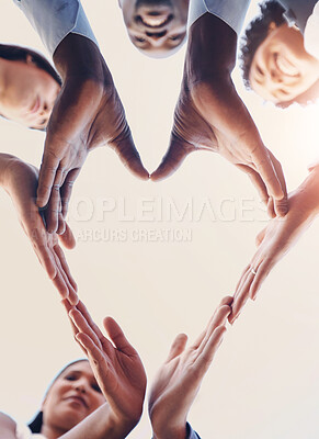 Buy stock photo Heart, teamwork and hands of business people in support, unity or collaboration for diversity. Mockup, emoji and group of employees with love shape for trust, care and solidarity for company hope.