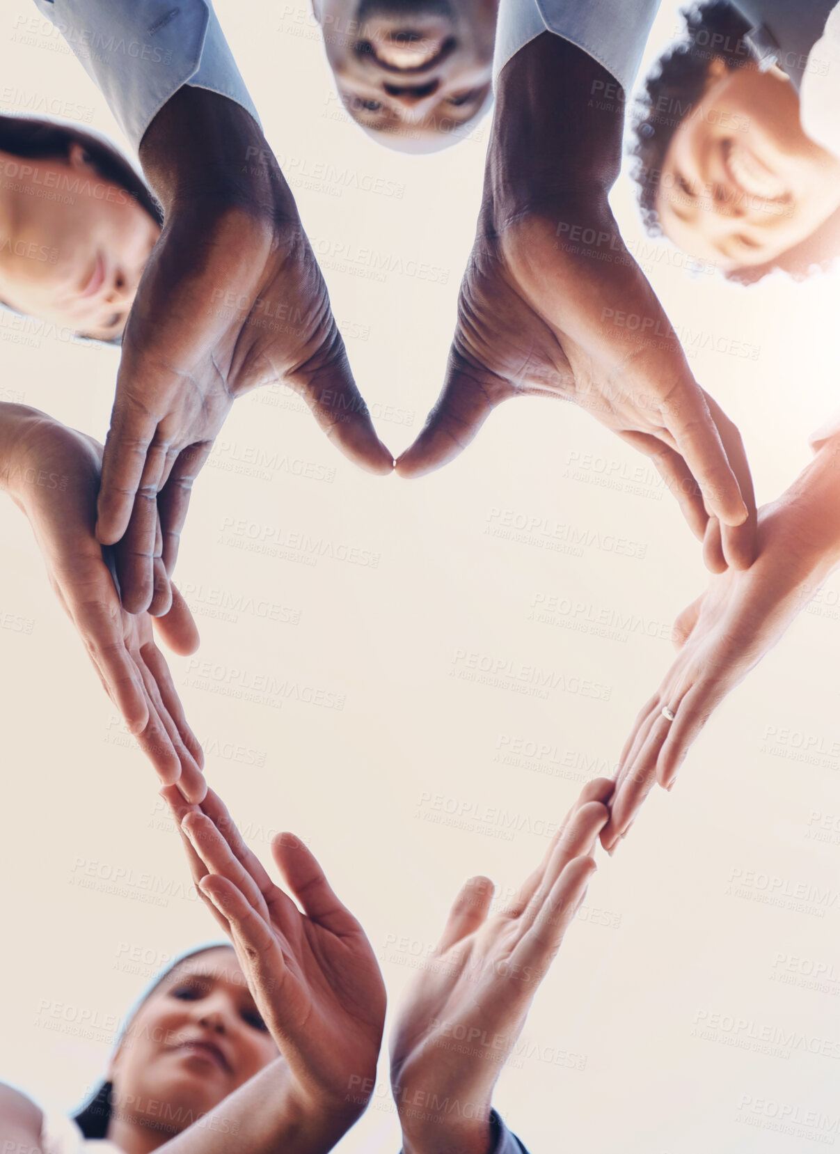 Buy stock photo Heart, teamwork and hands of business people in support, unity or collaboration for diversity. Mockup, emoji and group of employees with love shape for trust, care and solidarity for company hope.