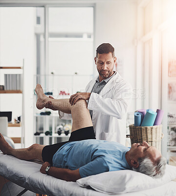 Buy stock photo Physiotherapy, leg pain and man with senior patient for orthopedic care, consulting and wellness. Chiropractor, healthcare and physical therapist with person for rehabilitation, support and healing